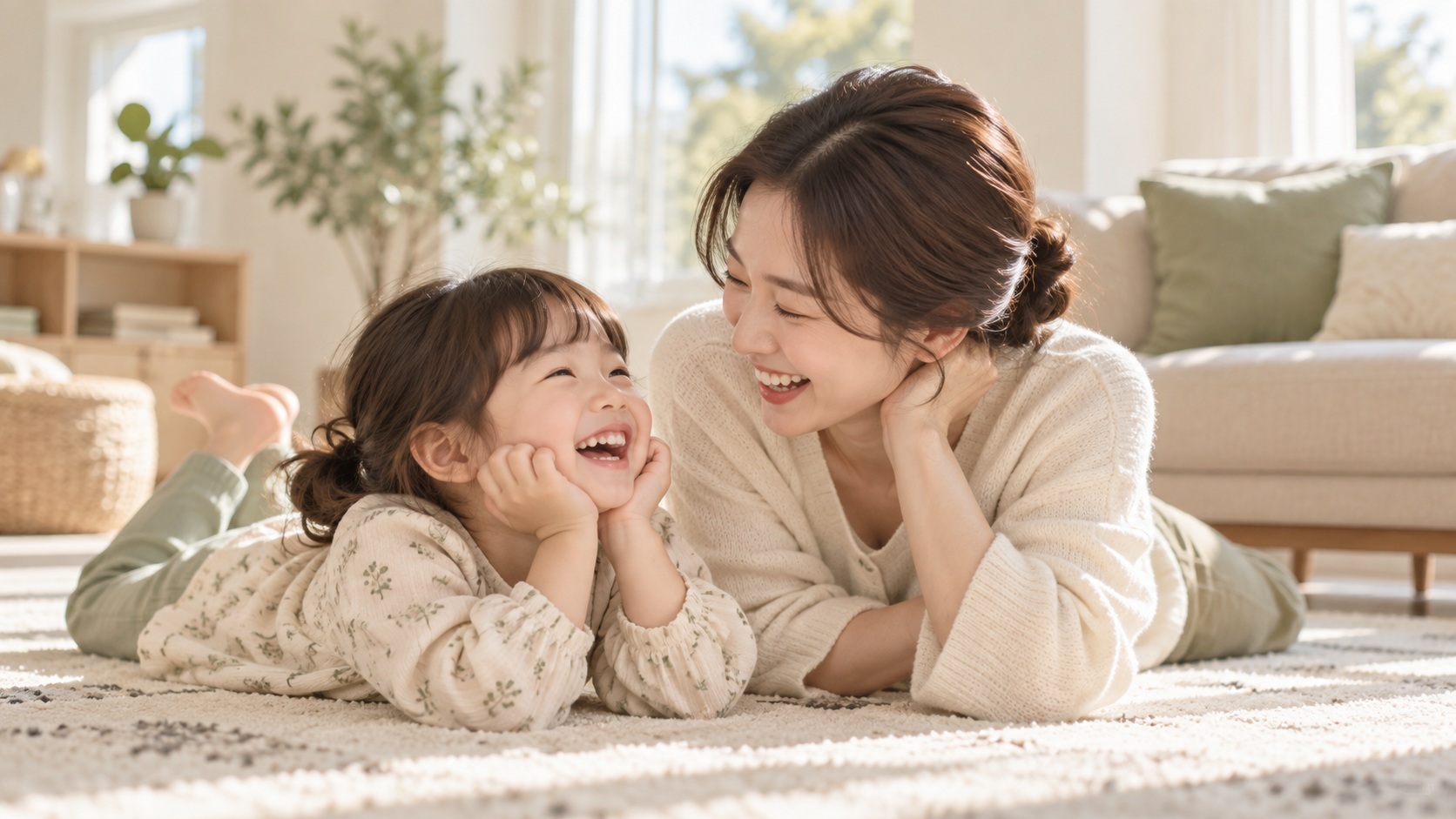나란히 엎드려 웃으며 마주 보는 아이와 보호자