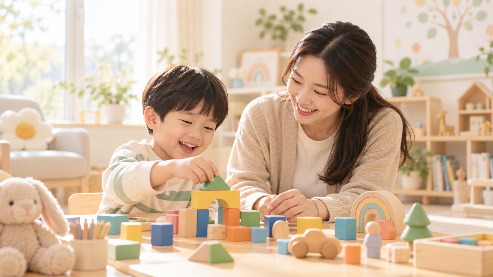 테이블에서 색색의 블록을 함께 쌓는 아이와 보호자