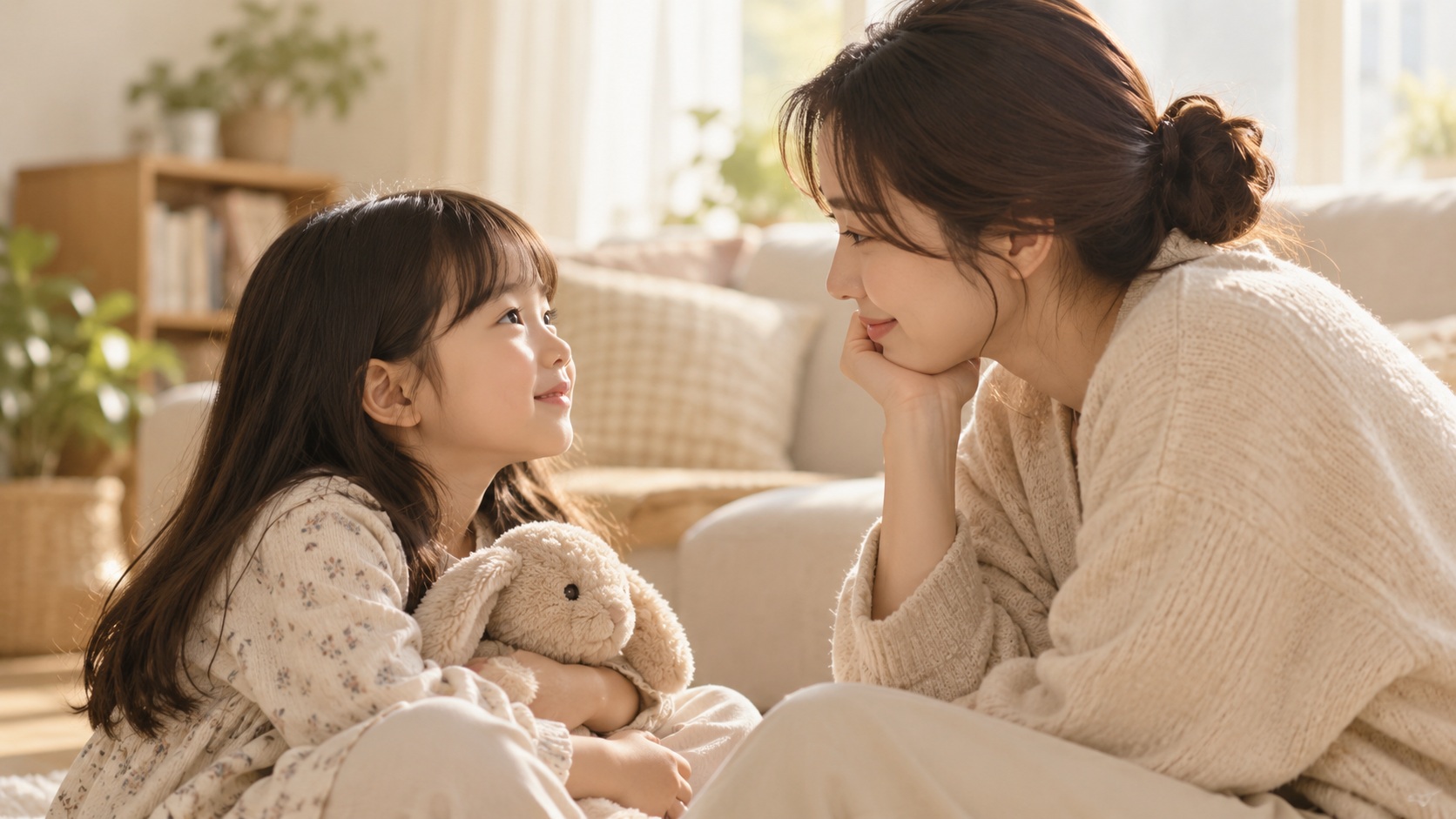 토끼 인형을 안고 보호자와 눈을 맞추는 아이